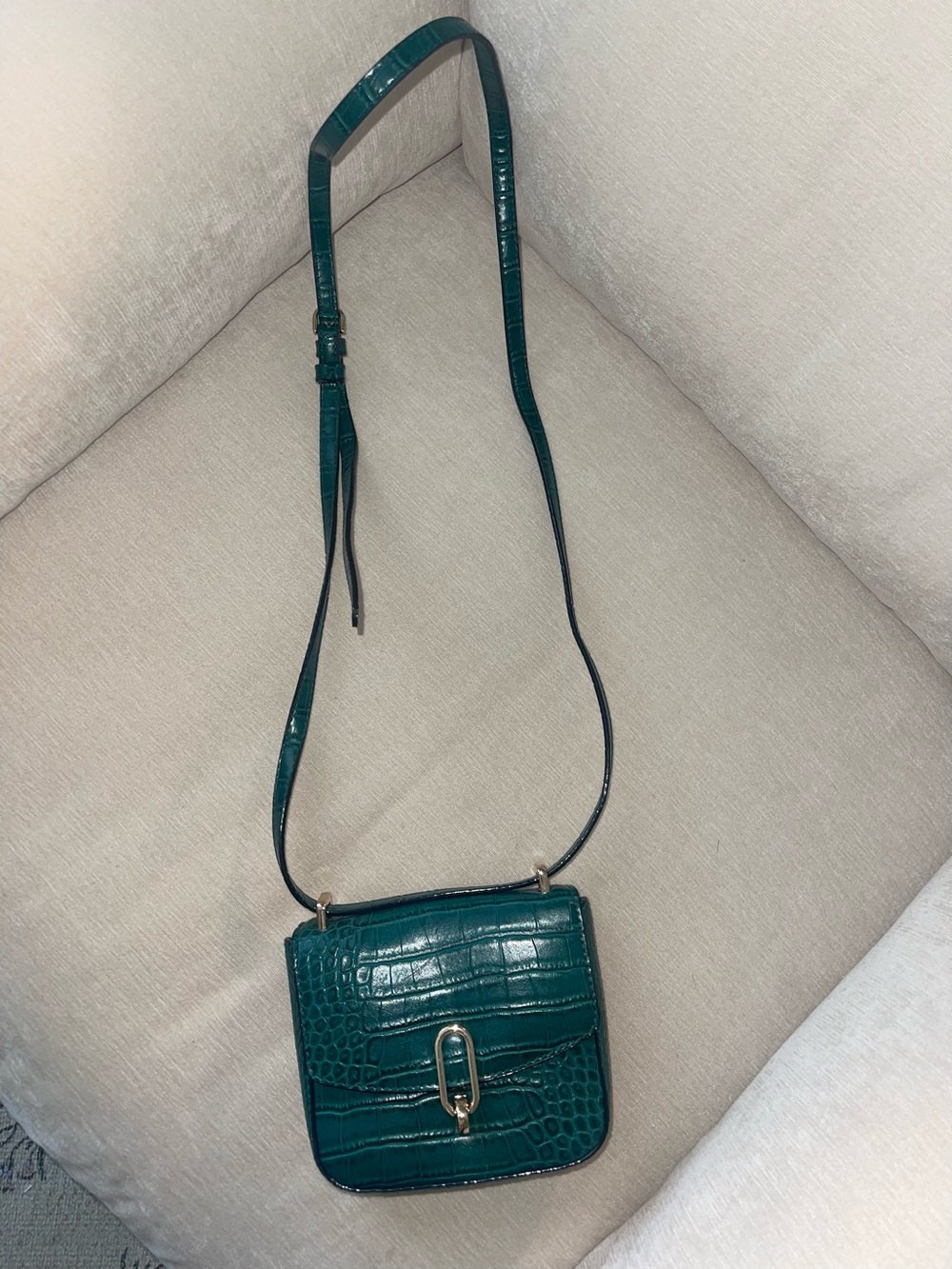 Teal Croc-Embossed Leather Crossbody Bag